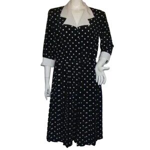 SERBIN Polka Dot Dress, 14, Navy Blue/White Polka Dots, Career, 3/4 sleeves